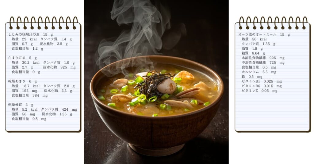 具だくさんみそ汁の写真。しじみの味噌汁の素15gの栄養成分：熱量29kcal；タンパク質1.4g；脂質0.7g；炭水化物3.8g；食塩相当量1.2g。白すりごま5gの栄養成分：熱量30.2kcal；タンパク質1g；脂質2.7g；炭水化物925mg；食塩相当量0g。乾燥あさり6gの栄養成分：熱量18.7kcal；タンパク質2g；脂質192mg；炭水化物2.2g；食塩相当量384mg 。乾燥椎茸2gの栄養成分：熱量5.2kcal；タンパク質424mg；脂質56mg；炭水化物1.25g；食塩相当量0.8mg。オーツ麦のオートミール15gの栄養成分：熱量56kcal；タンパク質1.35g；脂質1.9g；糖質8.64g；水溶性食物繊維925mg；不溶性食物繊維725mg；食塩相当量0.5mg；カルシウム5.5mg；鉄0.5mg；ビタミンB1（チアミン）0.025mg；ビタミンB6（ピリドキシン）0.015mg；ビタミンE0.05mg。