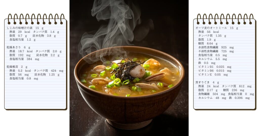 具だくさんみそ汁の写真。しじみの味噌汁の素15gの栄養成分：熱量29kcal；タンパク質1.4g；脂質0.7g；炭水化物3.8g；食塩相当量1.2g。乾燥あさり6gの栄養成分：熱量18.7kcal；タンパク質2g；脂質192mg；炭水化物2.2g；食塩相当量384mg 。乾燥椎茸2gの栄養成分：熱量5.2kcal；タンパク質424mg；脂質56mg；炭水化物1.25g；食塩相当量0.8mg。オーツ麦のオートミール15gの栄養成分：熱量56kcal；タンパク質1.35g；脂質1.9g；糖質8.64g；水溶性食物繊維925mg；不溶性食物繊維725mg；食塩相当量0.5mg；カルシウム5.5mg；鉄0.5mg；ビタミンB1（チアミン）0.025mg；ビタミンB6（ピリドキシン）0.015mg；ビタミンE0.05mg。黒すりごま4gの栄養成分：熱量24kcal；タンパク質812mg；脂質2.17g；糖質236mg；食物繊維504mg；食塩相当量0mg；カルシウム48mg；鉄0.396mg。